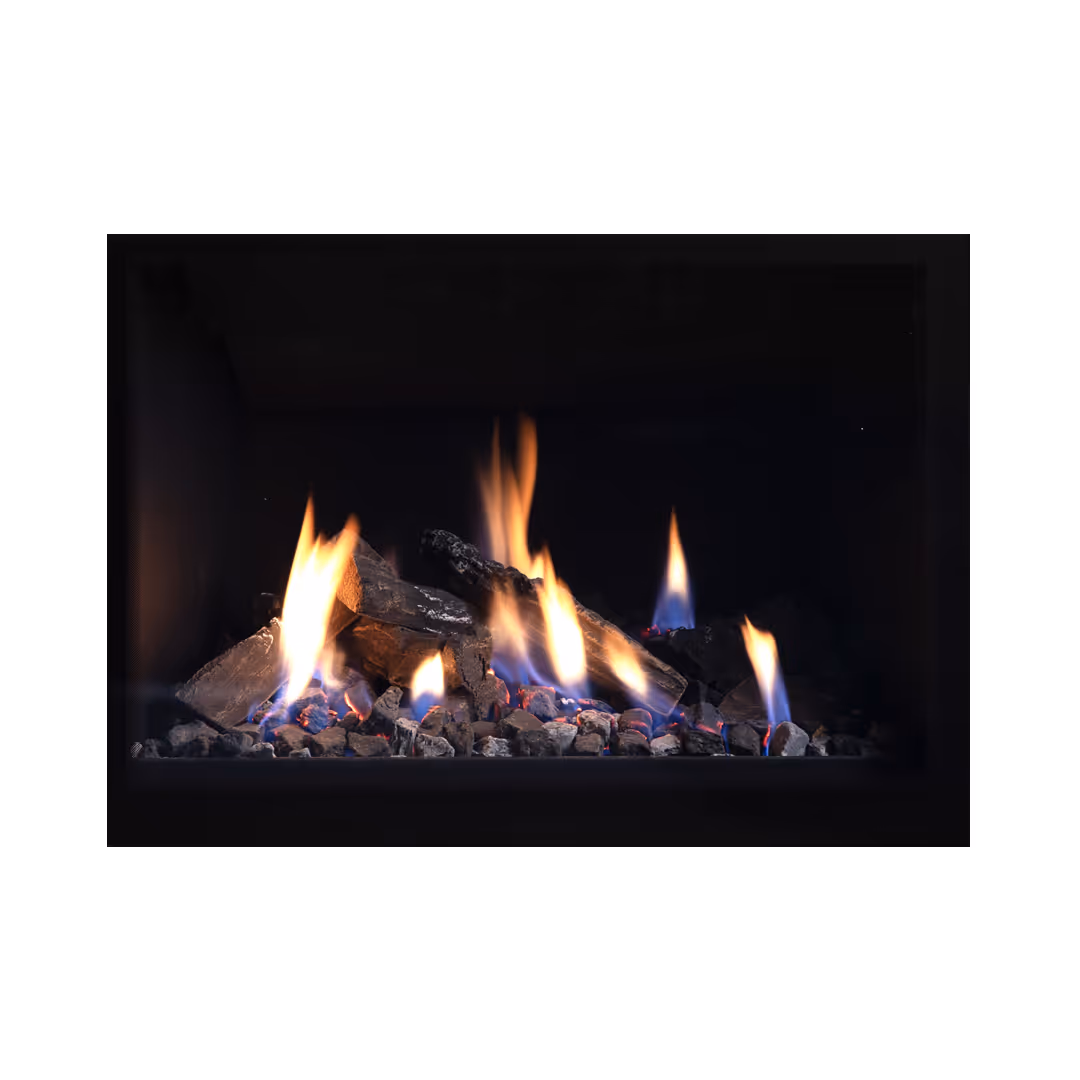 Traditional logs fuel bed, charred logs over glowing embers