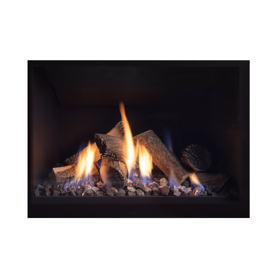 Splitwood fuel bed, freshly cut split logs over embers